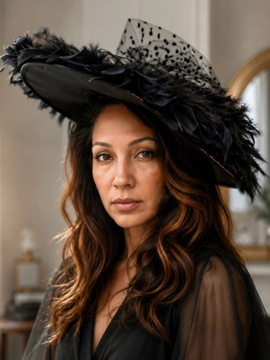 Vintage Black Feather Trim Wide Brim Costume Hat Fascinator Gothic Burlesque main image 6